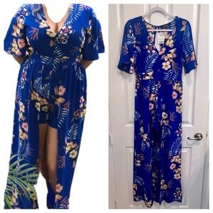 Blue tropical romper high-low shorts tie back size medium